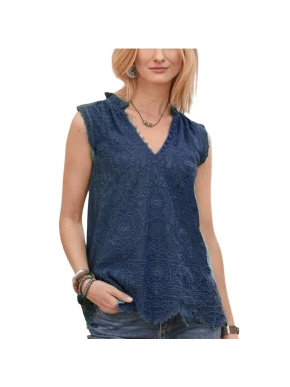 Sundance Mirabelle Top XS Lace Knit Ruffle Neck Blouse Navy Lined Boho Hippie